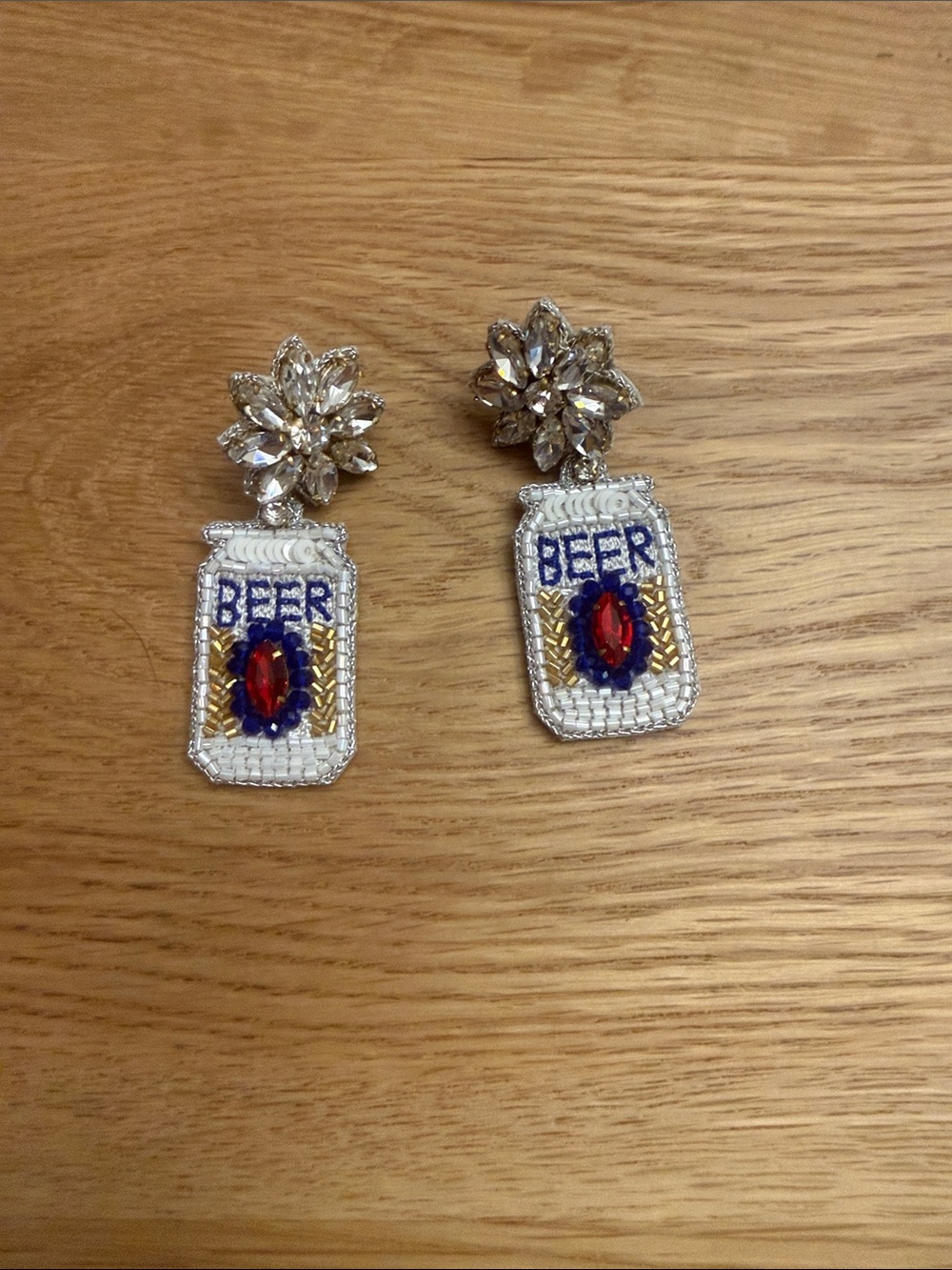 Embellished Beer Can Drop Earrings - White, Blue & Red